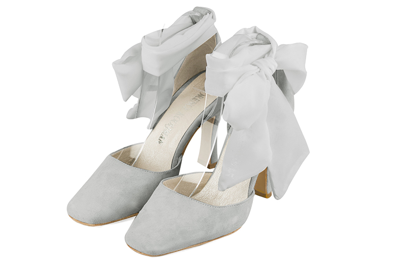 Pearl grey women's open side shoes, with a scarf around the ankle. Square toe. Very high spool heels. Front view - Florence KOOIJMAN